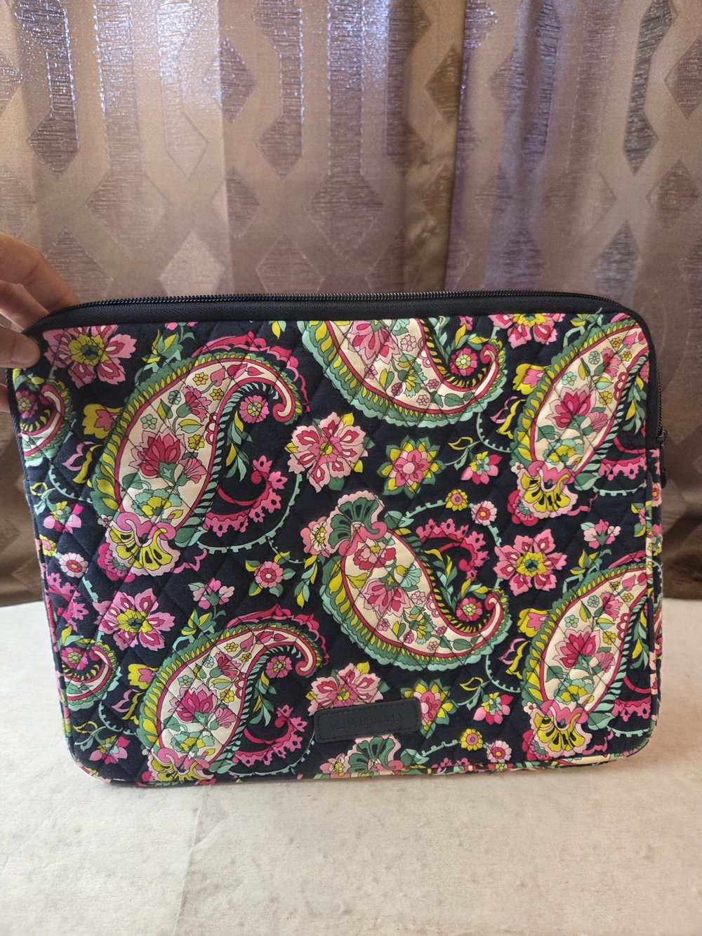 Vera Bradley Black Paisley Floral Laptop Sleeve with Pink and Green Accents